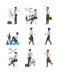 Business human. People meeting managers talking about business persons in costume in various poses characters comunincation sitting walking garish vector flat pictures