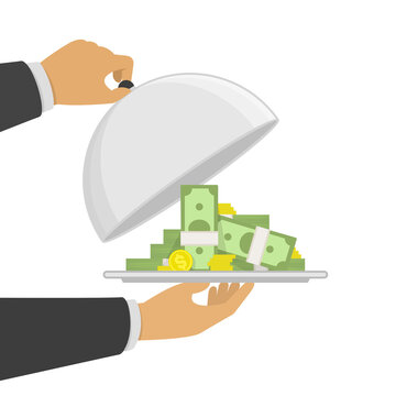 Businessman hands holding silver platter cloche with big pile of money. Big pile of cash money isolated on white background. Investment, financial or business concept. Vector illustration EPS 10.