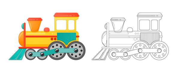 Kids train toy in cartoon style coloring book. Vector illustration isolated on white background.