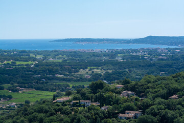 Fototapeta na wymiar View on valley and sea from ancient french village Grimaud, touristic destination with ruines fortress castle on top, Var, Provence, France