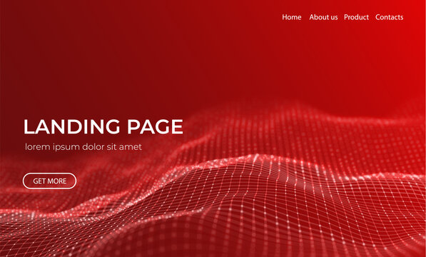 Abstract Landing Page Background With Red Particles. Flow Wave With Dot Landscape. Digital Data Structure. Future Mesh Or Sound Grid. Pattern Point Visualization. Technology Vector Illustration.