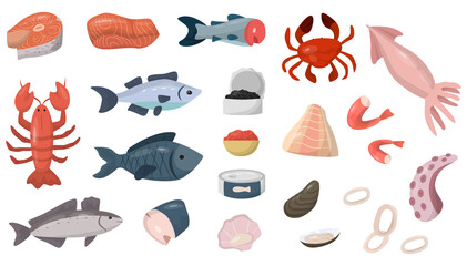 Fototapeta na wymiar Seafood set. Salmon, tuna, crab, squid, octopus, shrimp, shellfish