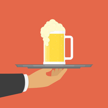 Man hand with beers on serving tray. Waiter with glasses of beers and tray on outstretched arm. Concept of food delivery, salver, customer service equipment or presentation. Vector EPS 10.