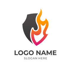 shield fire logo concept, shield and fire, combination logo with flat orange and black color style