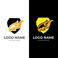 shield flame logo concept, shield and fire, combination logo with flat yellow and black color style