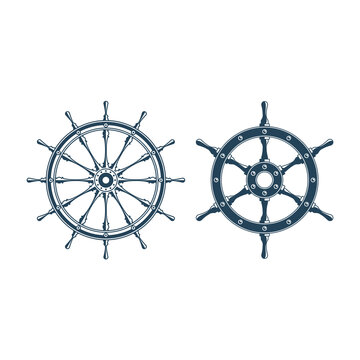 Simple style ship wheel icon set. Boats helm isolated on white background. Rudder icon. Vector illustration for vintage marine and heraldry design. EPS 10.
