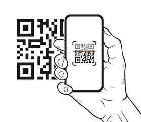 QR code scanning with mobile smartphone. Hand-drawn hand holding smartphone while scanning QR code. Process of reading Quick Response codes for mobile app, payment and discounts. Vector illustration.
