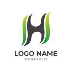 letter H logo design template concept vector with flat black and green color style