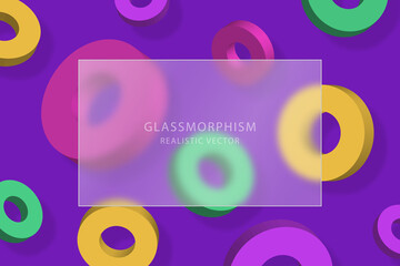 Glassmorphism effect with transparent glass plate on background with moving multicolored 3d rings with shadow. Frosted acrylic or matte plexiglass rectangle plate. Realistic glass morphism. Vector - obrazy, fototapety, plakaty