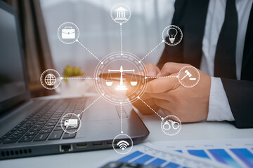 Male lawyer or judge consult having team meeting with client, Law and Legal services concept with icons lawyer