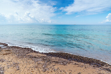 Hypnotic seascape of Ionian sea. Kastro Kyllini beach in front of Zante and Cephalonia islands on the west coast of Peloponnese, Greece.