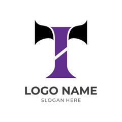 letter T logo design template concept vector with flat purple and black color style