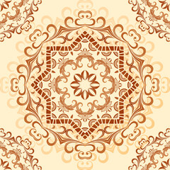 Seamless floral pattern, arabesque on a light yellow background in a vector. Richly decorated vintage pattern in mehndi style, a mandala. It can be used for packaging, invitations.