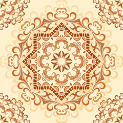 Seamless floral pattern, arabesque on a light yellow background in a vector. Richly decorated vintage pattern in mehndi style, a mandala. It can be used for packaging, invitations.