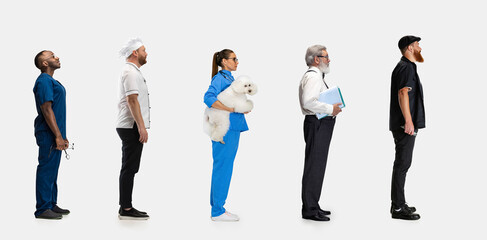 Obraz premium Group of gender mixed people with different professions, jobs standing isolated on white studio background. Horizontal flyer, collage. Side view
