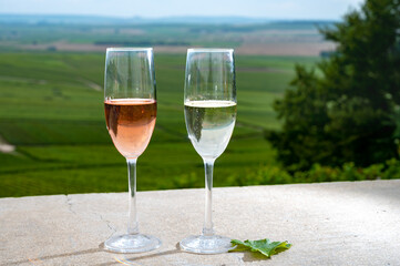 Glasses of white and rose brut champagne wine and view on grand cru vineyards of  Montagne de Reims near Verzenay, Champagne, France