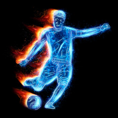 Football player hologram isolated on dark background. The concept of sports betting, football, gambling, online broadcast of football. 3D illustration, 3D render.