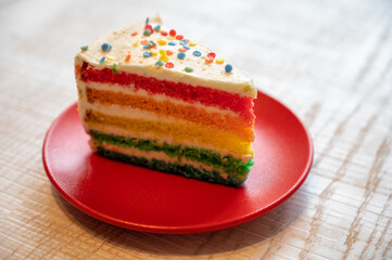 Piece of fresh baked colorful birthday cake
