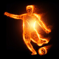Fiery soccer player isolated on dark background. The concept of sports betting, football, gambling, online broadcast of football. 3D illustration, 3D render.