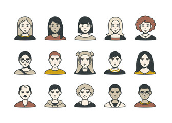 Set of various Men and Women icons. Collection of isolated friendly people avatars on white background. Filled line faces. Modern images. Vector illustrations.