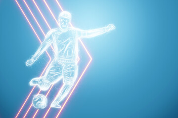 Fototapeta na wymiar Hologram football player on a blue background. The concept of sports betting, football, gambling, online broadcast of football. 3D illustration, 3D render.
