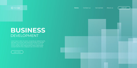 Landing page green banner template. Abstract background 3d illustration, business technology interface concept. Vector layout design.