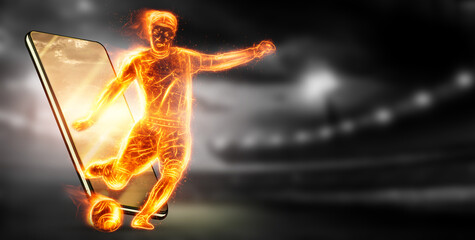 A hologram of a football player running out of a smartphone screen. The concept of sports betting, football, gambling, online broadcast of football.