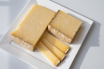 Cheese collection, hard French cheese old cantal made from raw cow milk with rind