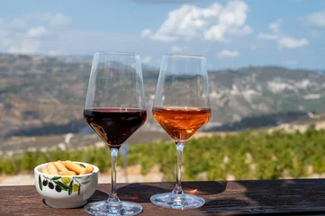 Poster Wijnindustrie van het eiland Cyprus, proeverij van rode en rose droge wijnen op wijnmakerij met uitzicht op wijngaarden en zuidelijke hellingen van het Troodos-gebergte. © barmalini