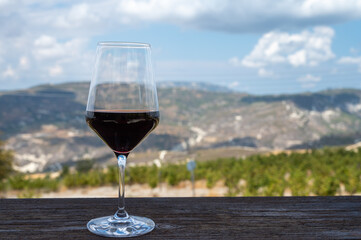 Wine industry of Cyprus island, tasting of red dry wine on winery with view on vineyards and south slopes of Troodos mountain range.