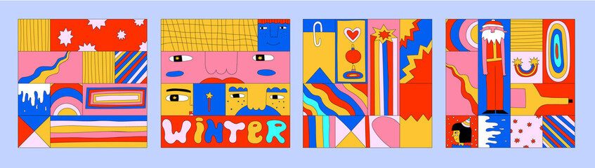 collection of seamless patchwork patterns for christmas. Vintage winter collage. Comic for the new year. Psychedelic style 70s and 80s. Faded palette.Gift paper