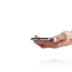 Closeup of male hand showing modern mobile phone isolated on white background