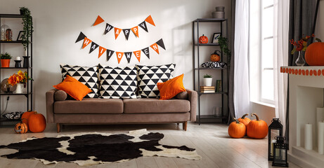 interior of house decorated for Halloween pumpkins