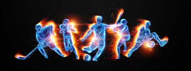 Creative collage of different athletes. The concept of sports betting, advertising, sports, healthy lifestyle. Football, basketball, hockey, baseball, American football. 3D illustration, 3D render. © Aliaksandr Marko