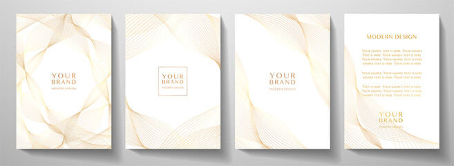Contemporary technology cover design set. Luxury background with gold line pattern (guilloche curves). Premium vector backdrop for business layout, digital white certificate, formal brochure template