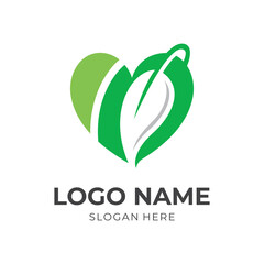 love and leaf logo design vector with flat green color style