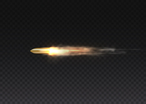 Realistic flying bullet in motion, smoke traces.