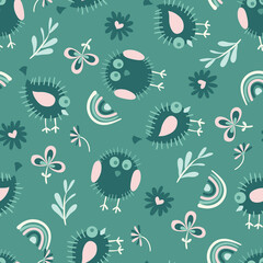 Cute Green Birds and Nature Elements Kids Vector Seamless Pattern