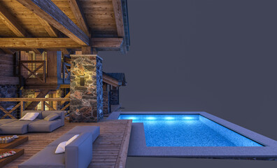 3d rendering of modern cozy chalet with pool and parking for sale or rent. Massive timber beams columns. In the night. Isolated on black