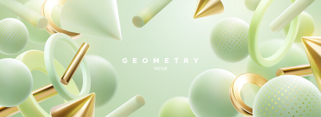 3d pastel mint green geometric shapes cluster. Abstract elegant composition