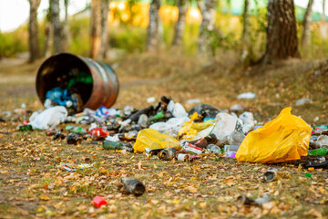 Environmental pollution. Garbage in a forest. People illegally throw out the garbage in the forest....