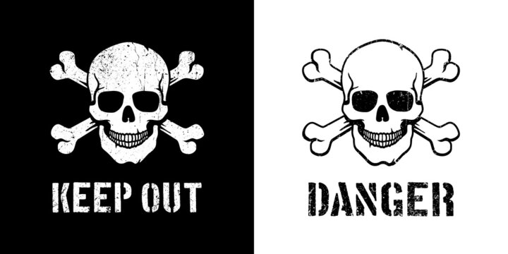 Skull and bones danger sign, keep out. Jolly Roger pirate badge. Vector illustration.