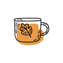 Cute line cup of tea or coffee with leaf. Brown shape behind. Doodle vector isolated illustration on white background