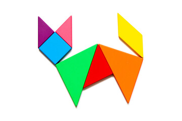 Color tangram puzzle in cat shape on white background