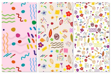 Decorative abstract seamless pattern with colorful doodles. Hand-drawn modern primitive style collection