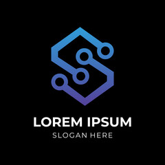 letter S and tech logo design template concept vector with flat blue color style