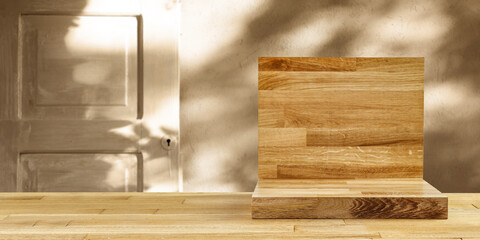 Wooden podium for your product and wall with shadows. 