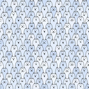 Seamless pattern with heads of cats, dogs. Different pet emotions. Light blue colors, calm pastel shades. Black outline. Endless texture for backgrounds, wallpapers, textiles, fabrics, wrapping paper.