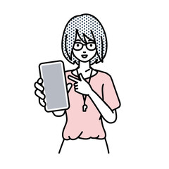 立ってスマートフォンを指差してこちらに向けて見せている教師の女性
