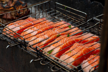 Grill fish. BBQ fish. Bbarbecue salmon.